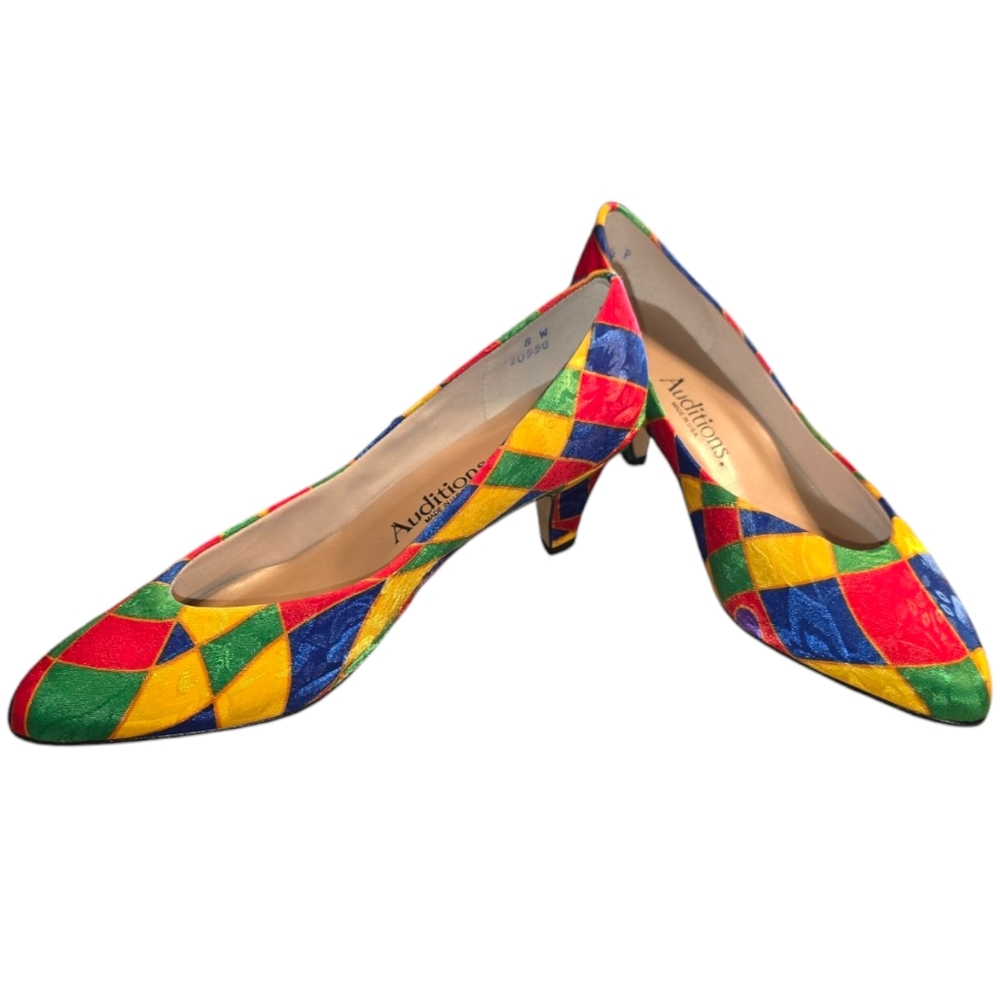 Vintage New Auditions Pumps Shoes 2.25" High Heel Multi-colored Satin Size 8 W